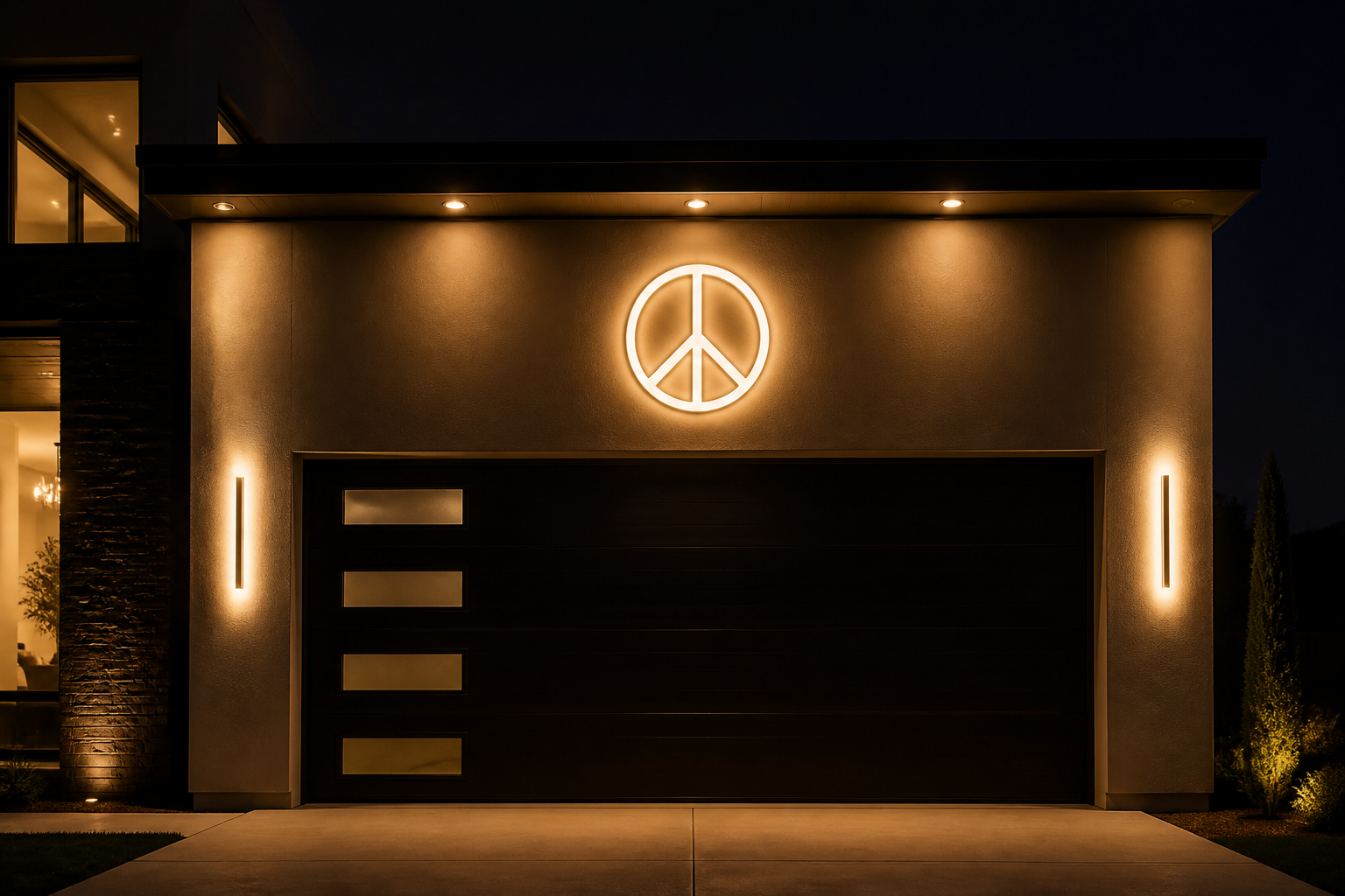 Peace sign light above a luxury garage