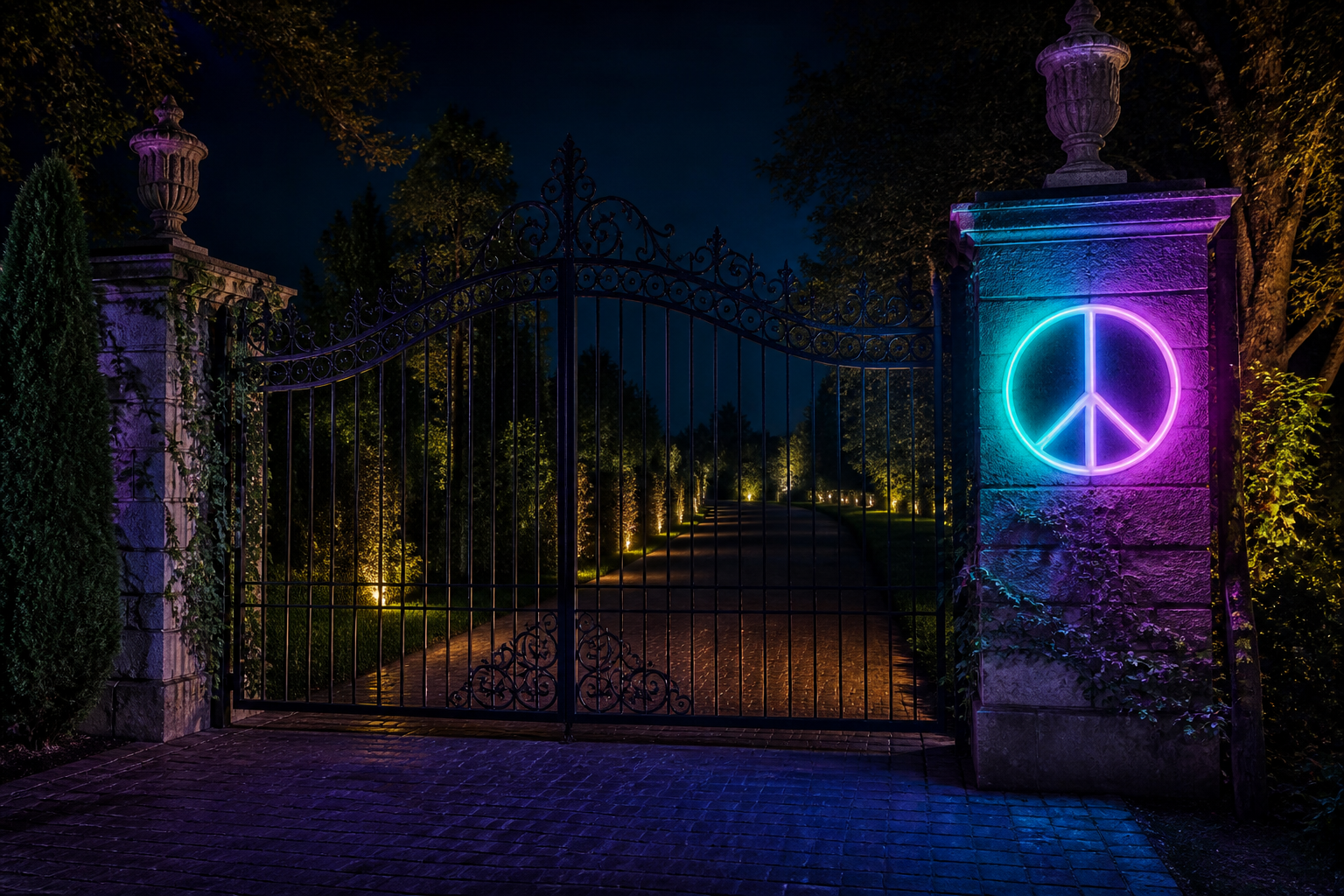 Peace sign light on an estate gate