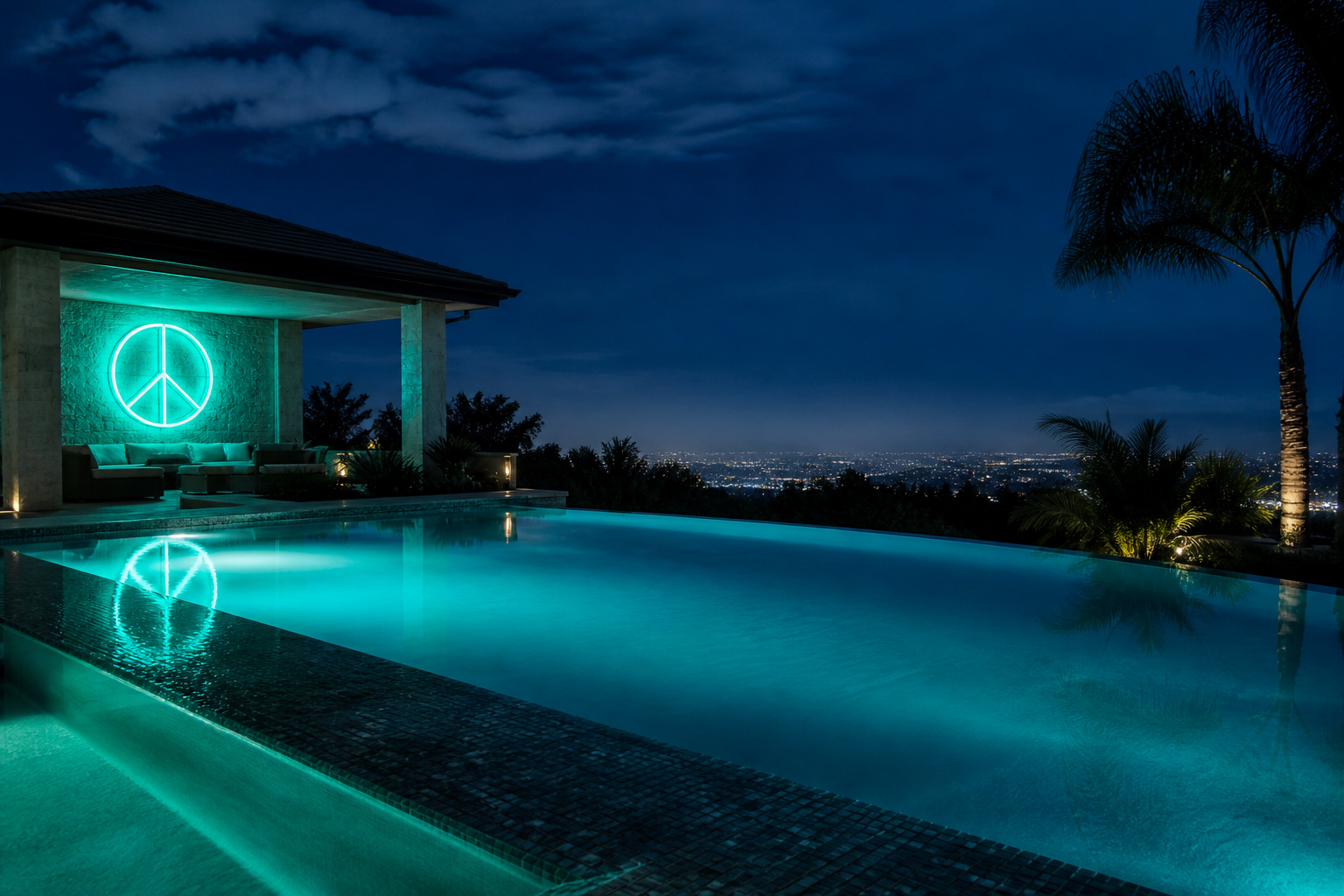 Peace sign light at a night poolside